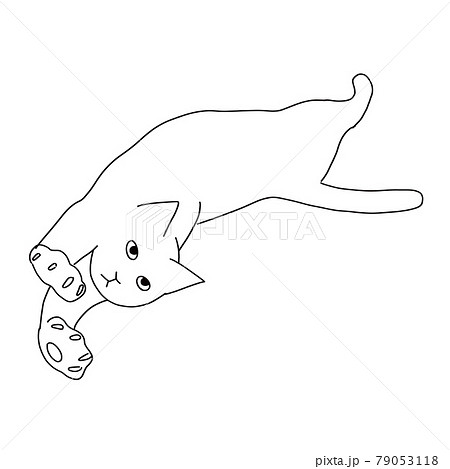 寝転がりながら伸びている猫の線画イラストのイラスト素材