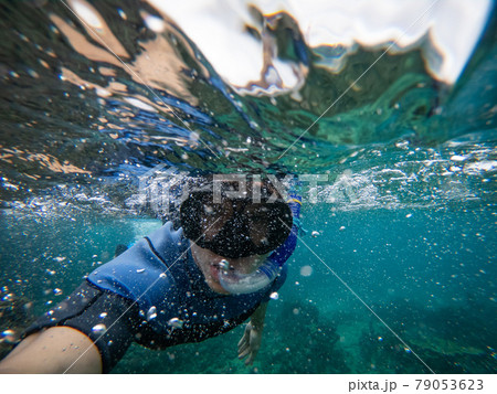 Man in snorkel mask doing selfie underwater. Adventure and travel concept. Man in snorkel mask doing selfie underwater. Adventure and travel concept. 79053623