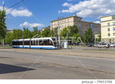 Modern tram (urban electric transport ) on a Moscow street (central district), Russia 79053766
