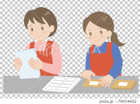 シール貼りの仕事をする女性二人  79054682