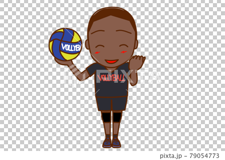<全身/前部>成為排球運動員並微笑著擺出勇敢姿勢的非洲男子。 79054773