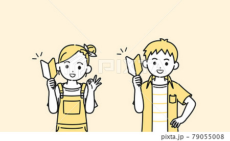初心者マークを持つ男の子と女の子のイラスト 初めて チャレンジ 挑戦 子供 小学生 低学年のイラスト素材