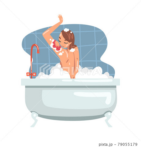 Young Female Bathing in the Bathtub Washing Her Body with Soap and Shower Puff Vector Illustration Young Female Bathing in the Bathtub Washing Her Body with Soap and Shower Puff Vector Illustration 79055179