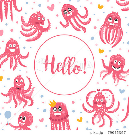 Hello Banner Template with Cute Funny Pink Octopus Seamless Pattern, Banner, Poster, Background Design Vector Illustration Hello Banner Template with Cute Funny Pink Octopus Seamless Pattern, Banner, Poster, Background Design Vector Illustration 79055367