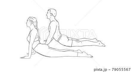 Yoga cobra pose or bhujangasana. Woman and man practicing strengthing yoga pose. Hand drawn vector illustration 79055567