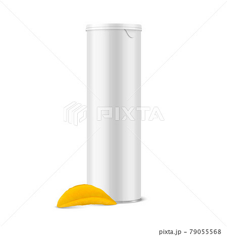 Vector 3d Realistic Blank Glossy White Metal Tin Can, Canned Food, Potato Chips Packaging with Lid, Realistic Textured Chips Isolated On White Background. Design Template, Mockup. Front View 79055568