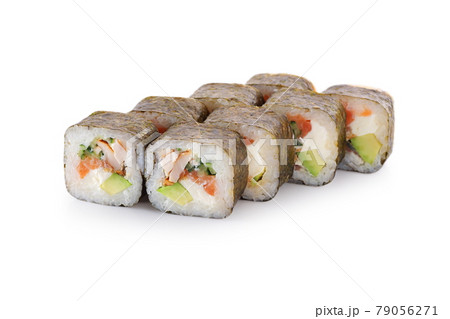 sushi with Salmon, smoked eel, smoked chicken, avocado, nori, cucumber on white background isolated 79056271