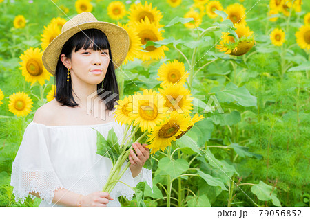 ひまわり畑と白いワンピース姿の女性の写真素材