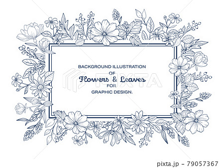 花と植物の装飾フレーム ネイビーと白背景のイラスト素材