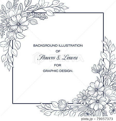 花と植物の装飾フレーム ネイビーと白背景のイラスト素材 [79057373