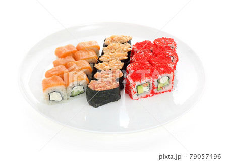set of sushi on a plate isolated on a white background set of sushi on a plate isolated on a white background 79057496