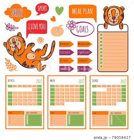 PLANNER SPRING TIGER 2022 Template Schedule And Collection With Design Elements And Tigers For Printable And Plotter Cutting Clip Art Vector illustration Set PLANNER SPRING TIGER 2022 Template Schedule And Collection With Design Elements And Tigers For Printable And Plotter Cutting Clip Art Vector illustration Set 79058427