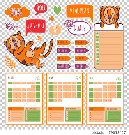 PLANNER SPRING TIGER 2022 Template Schedule And Collection With Design Elements And Tigers For Printable And Plotter Cutting Clip Art Vector illustration Set PLANNER SPRING TIGER 2022 Template Schedule And Collection With Design Elements And Tigers For Printable And Plotter Cutting Clip Art Vector illustration Set 79058427
