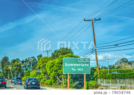 Summerland exits sign on 101 freeway northbound 79058746