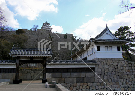 香川県丸亀市の史跡丸亀城跡を大手門越しに望む　アップ 79060817