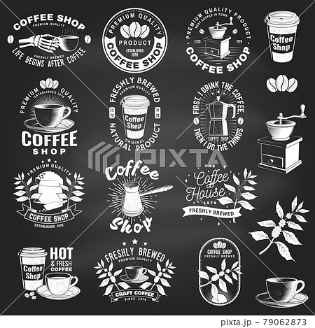Set of Coffe shop logo, badge template on the chalkboard. Vector. Typography design with coffee grinder and coffee maker silhouette. Template for menu for restaurant, cafe, bar, packaging 79062873