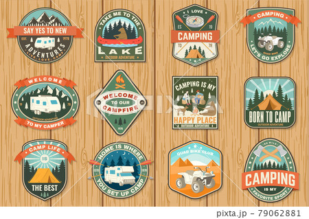 Set of camping badges. Vector Patch or sticker. Concept for shirt or logo, print, stamp or tee. Vintage typography design with quad bike, tent, mountain, camper trailer and forest silhouette. Set of camping badges. Vector Patch or sticker. Concept for shirt or logo, print, stamp or tee. Vintage typography design with quad bike, tent, mountain, camper trailer and forest silhouette. 79062881