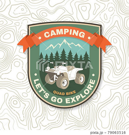 Let s go explore. Summer camp. Vector. Concept for shirt or logo, print, stamp or tee. Vintage typography design with quad bike and forest silhouette. Camping quote. Let s go explore. Summer camp. Vector. Concept for shirt or logo, print, stamp or tee. Vintage typography design with quad bike and forest silhouette. Camping quote. 79063516