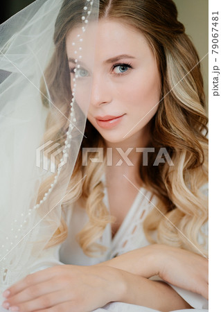 the bride's morning. a beautiful young woman with long hair under the veil the bride's morning. a beautiful young woman with long hair under the veil 79067481