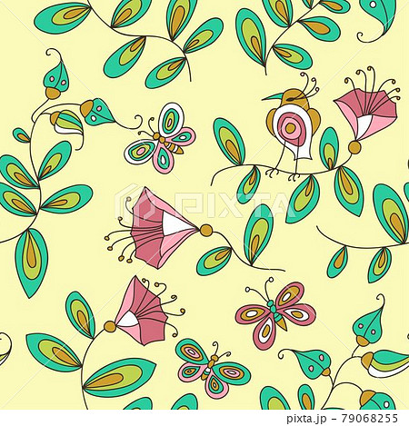 Cute seamless pattern with flowers birds and butterflies Cute seamless pattern with flowers birds and butterflies 79068255