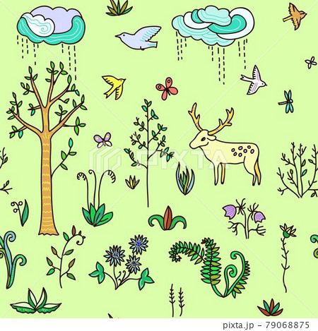 Cute spring landscape with doodle flowers and butterflies  79068875