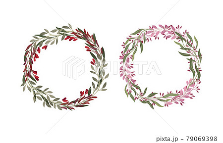 Foliage and Berry Twig Arranged in Floral Wreath Vector Set 79069398