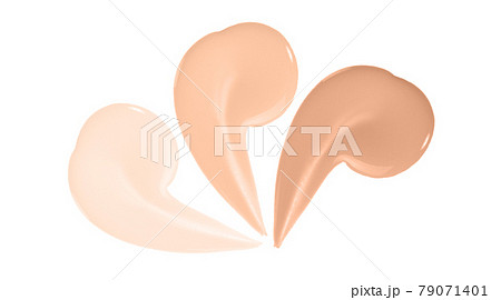 Beige nude liquid foundation set, concealer smear smudge drop. Collection different tones bb cream swatch sample isolated on white. 79071401