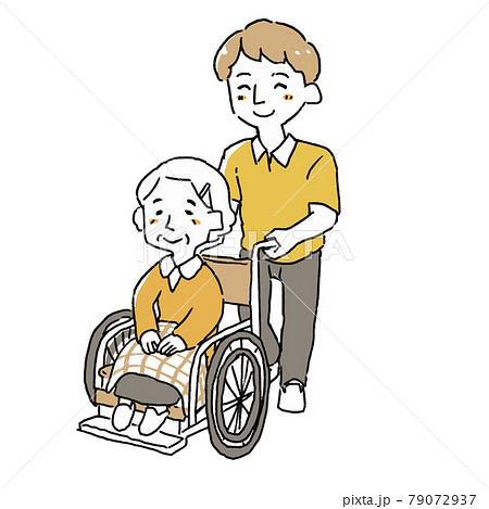 高齢女性を乗せた車椅子を押す介護士の男性のイラスト素材