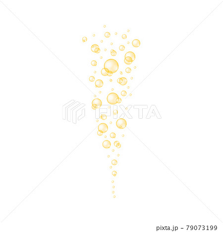 Golden transparent bubbles. Shiny drops of collagen, serum, jojoba cosmetic oil, vitamin A or E, omega fatty acids. Vector realistic illustration 79073199