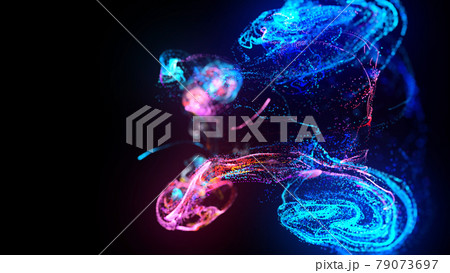 3d render. Injection of fluorescent ink in water isolated on black background. Glow particles or sparks like shiny magic spell. Fantastic background for festive event. Blue red purple mix 79073697