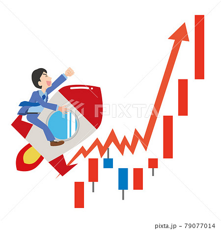 ロケットに乗って飛んでいく男性会社員と上昇する株価 79077014