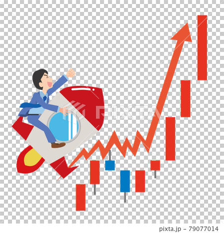 Male office worker flying on a rocket and rising stock price 79077014
