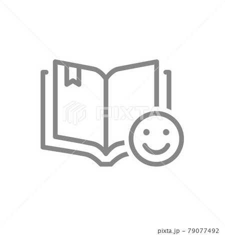 Open book with happy face line icon. Happy rating, like, reader review symbol Open book with happy face line icon. Happy rating, like, reader review symbol 79077492