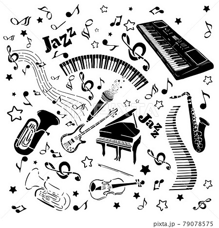 Monochrome background with musical instruments. Vector illustration 79078575