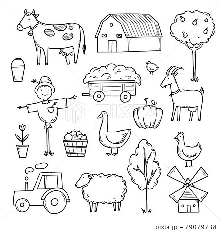 Hand drawn set farm animal, farmer food. 79079738