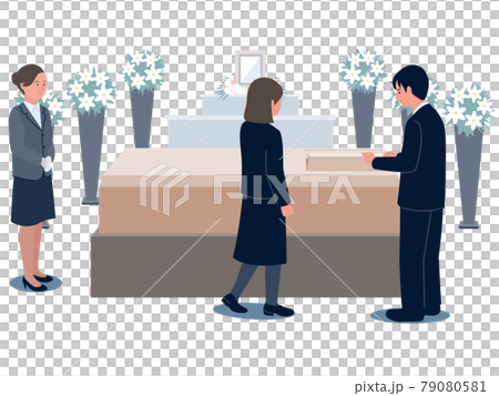 Vector illustration of a family watching a dead person through a coffin window at a funeral hall and a female funeral hall staff watching over it 79080581