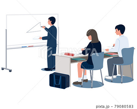 学習塾で授業を受ける高校生とホワイトボードに板書する塾講師の男性のベクターイラストのイラスト素材