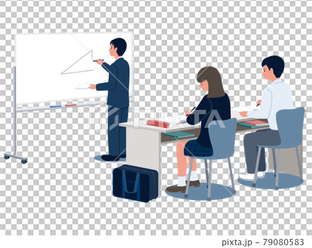 Vector illustration of a high school student taking a class at a cram school and a male cram school teacher writing on a whiteboard 79080583