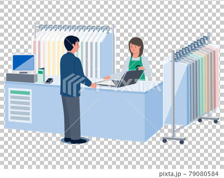 クリーニング店でスーツを受け取る男性と受け渡しをする女性店員のベクターイラスト 79080584