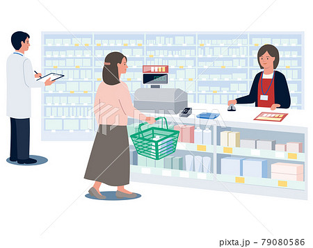 ドラッグストアで買い物をする女性と対応する女性店員と棚をチェックする薬剤師の男性のベクターイラストのイラスト素材