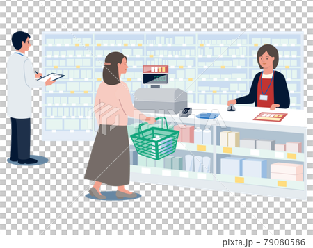 ドラッグストアで買い物をする女性と対応する女性店員と棚をチェックする薬剤師の男性のベクターイラスト 79080586
