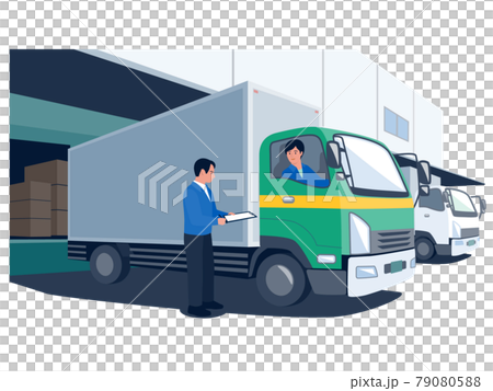 Vector illustration of a male employee talking to a male driver riding a truck at a shipping company Vector illustration of a male employee talking to a male driver riding a truck at a shipping company 79080588