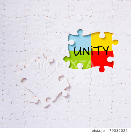 Puzzle pieces connected to each other with the word unity. Puzzle pieces connected to each other with the word unity. 79082022