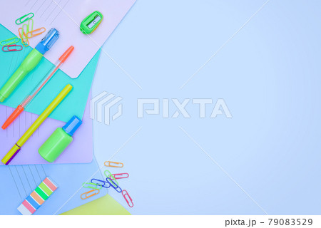 Back to school and education concept on blue background with copy space.  79083529