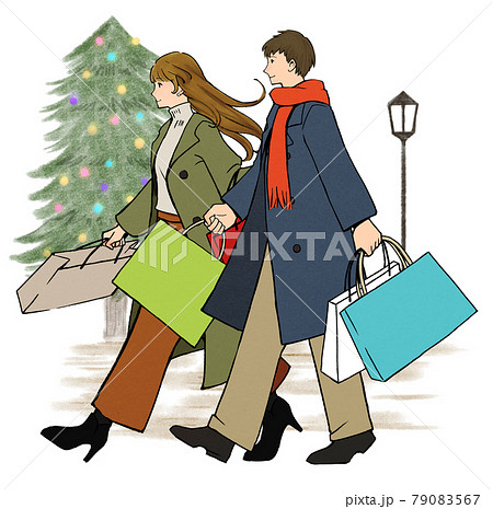 ショッピングをするカップル クリスマスのイラスト素材