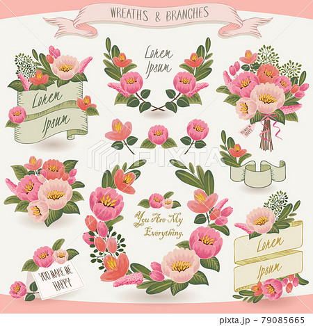 Vector illustration of a floral frame collection. A set of beautiful wreath with flowers and branches for wedding invitations and birthday cards 79085665