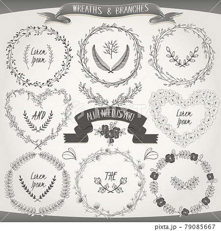Vector illustration of a collection of floral ribbons and borders. A set of beautiful wreath with flowers and branches for wedding invitations and birthday cards 79085667