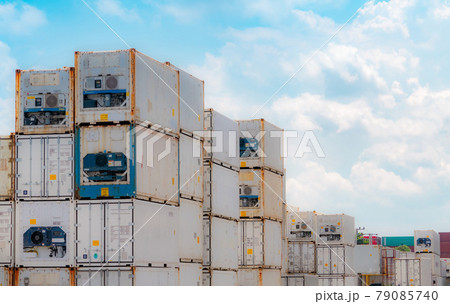 Container logistic. Reefer for shipping frozen food. Refrigerated container for export logistics. Freight transport. Logistic industry. Container for truck transport. Container crisis. Refrigerator. 79085740