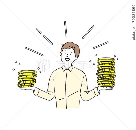 お金を両手に持つ男性 稼ぐ男性 コイン お金持ちのイラスト素材