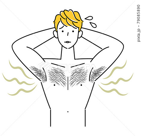 自分の不快な脇の下の臭い(わきが)に気づき困る可愛い男性 イラスト シンプル ベクター 79085890